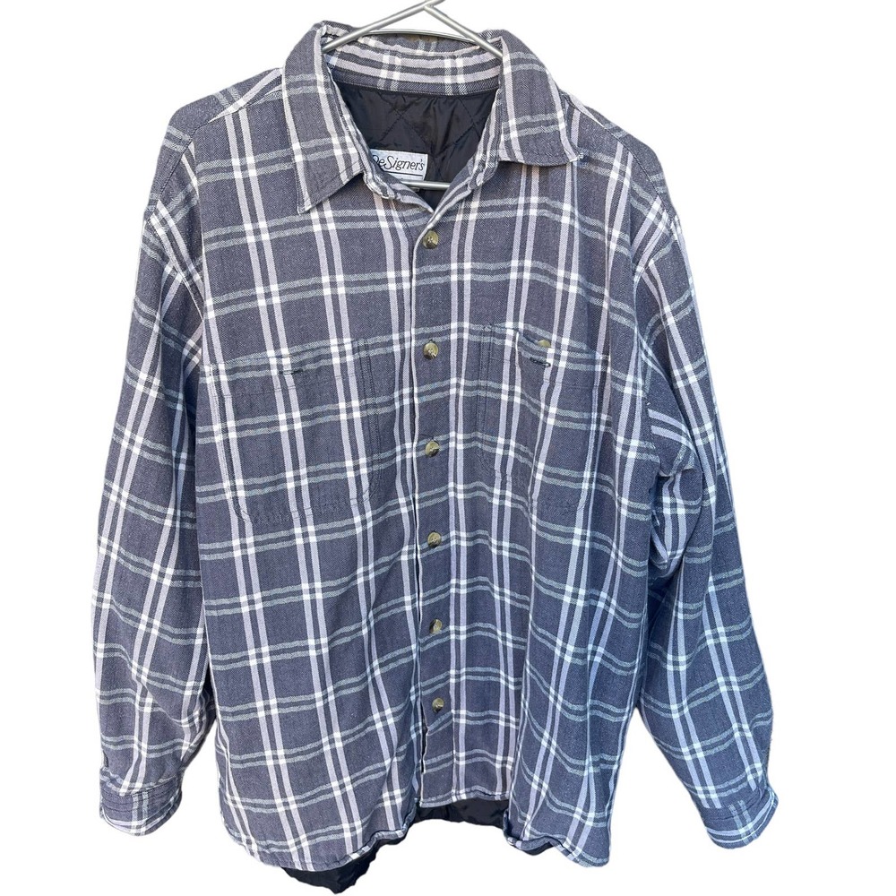 Designer's Club Flannel Shirt Jacket Mens Medium Gray White Lined Button‎ Up